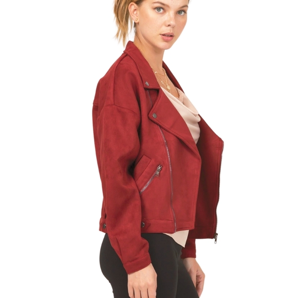 Chic Faux Suede Burgundy Moto Jacket - Picture 6 of 7